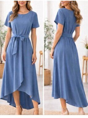 Automet Elegant Blue High-Low Tie-Waist Midi Dress Size Medium NWT